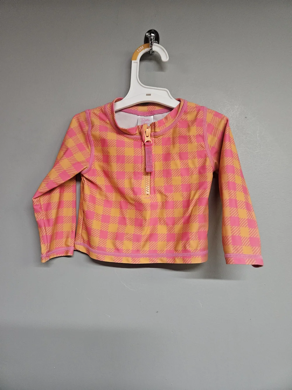 Girls 12 - 18 Month Pink & Orange Check Zip Rashguard Swim Long Sleeve Top